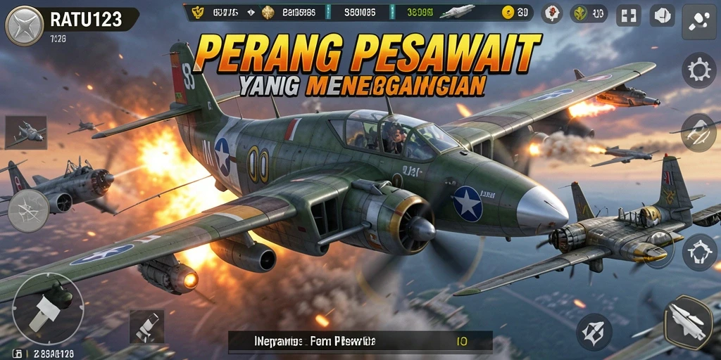 Screenshot menunjukkan aksi menerbangkan pesawat tempur dalam RATU123.